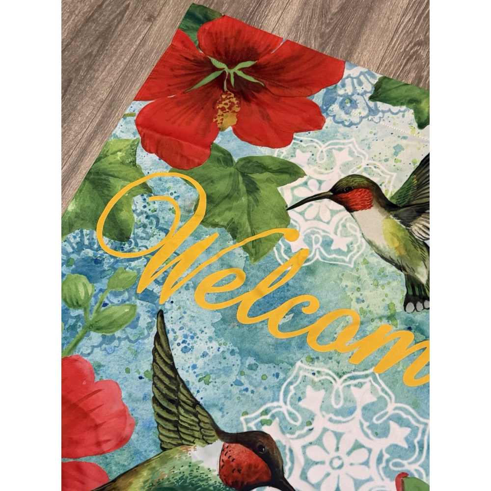 Elena Vladykina 2015 Hummingbird Flower Welcome House & Garden Flag 29x43 Fabric - Picture 3 of 7